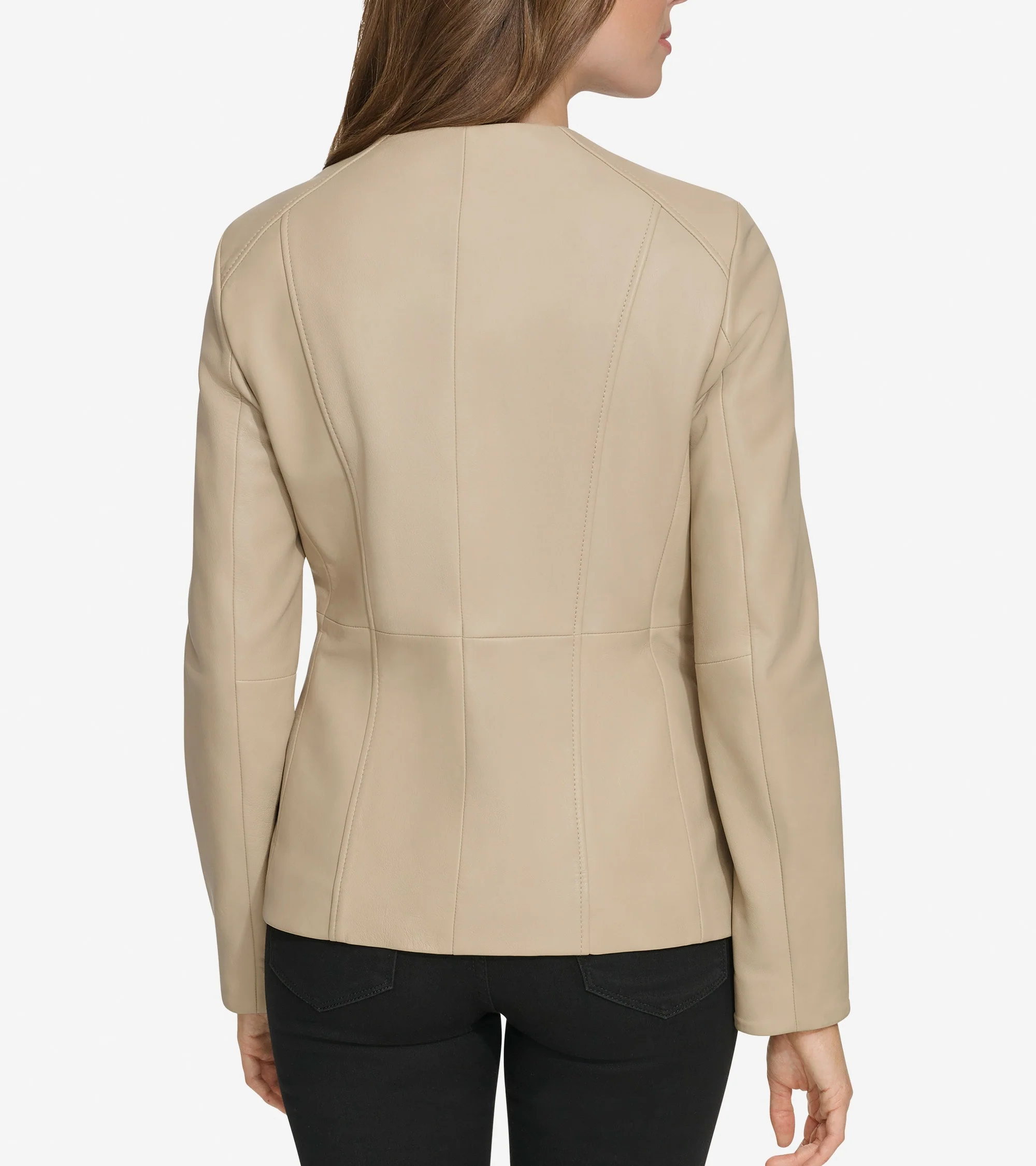 Women's Collarless Leather Jacket - Image 2